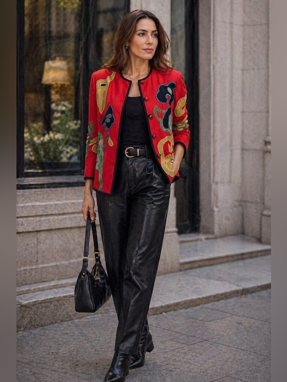 Allure Red Embroidered Applique Floral Lined Jacket Women's Size M cotton